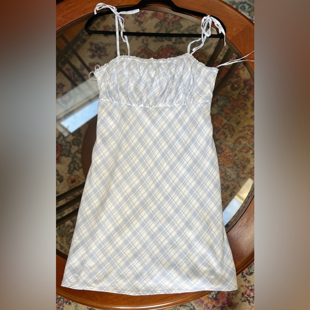 HOLLISTER | Ruched Tie Shoulder Mini Dress (Blue Plaid)